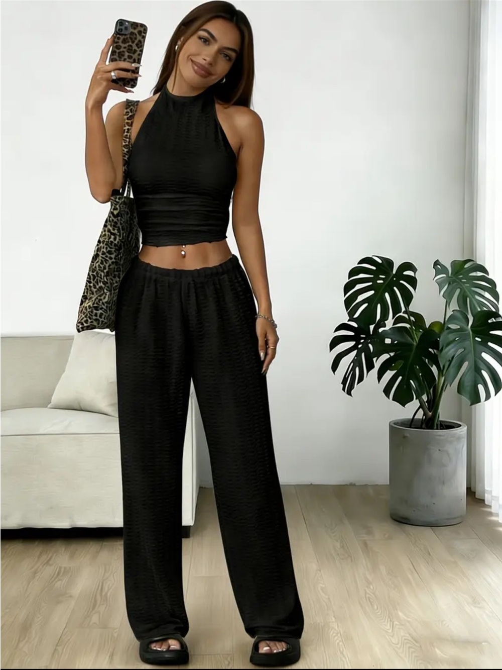 Women’s Summer Halter Neck Top & Wide Leg Pants Set – Size Medium – Black